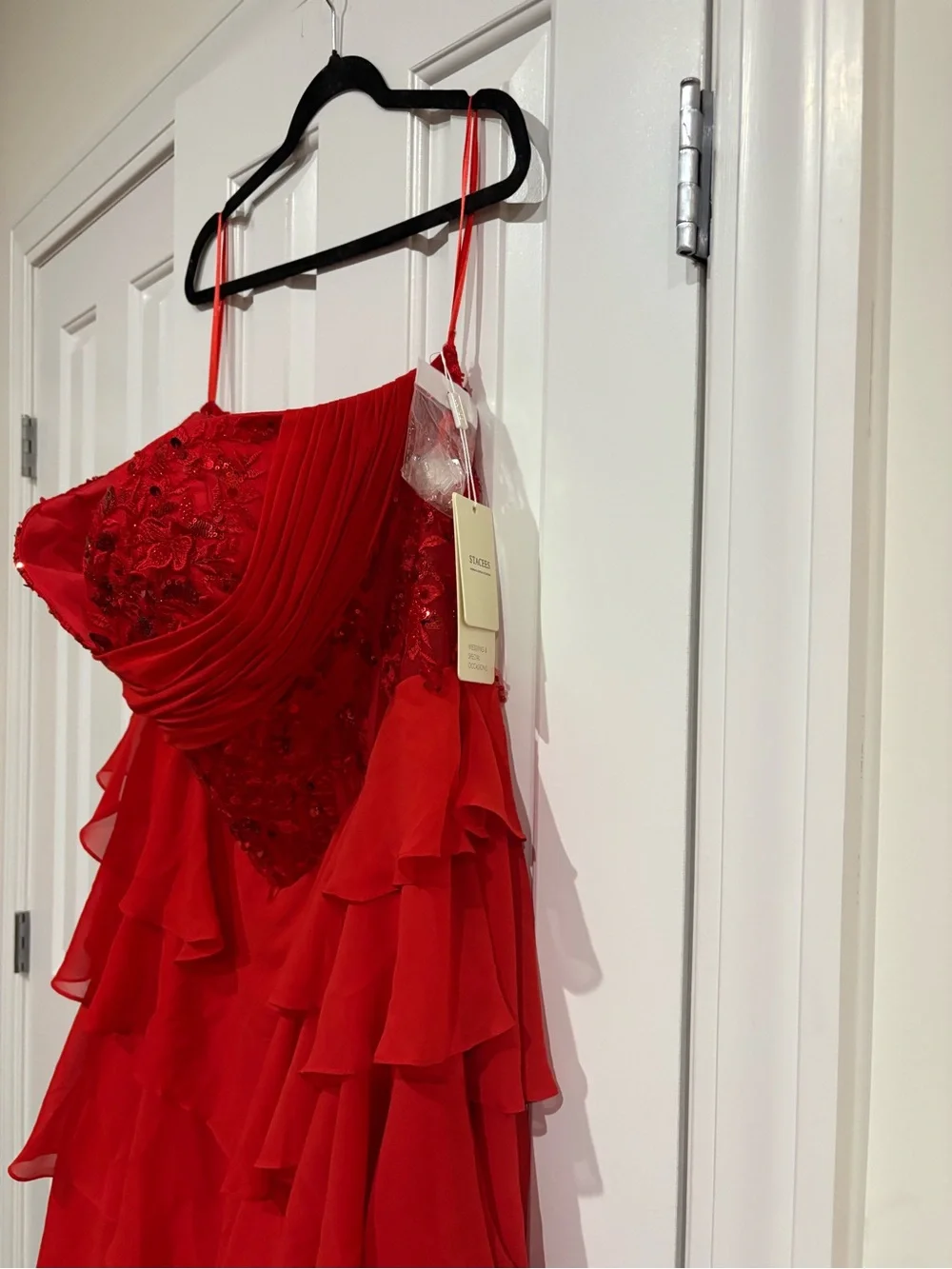 Red Strapless Layered Ruffle Gown - - Picture 5 of 5